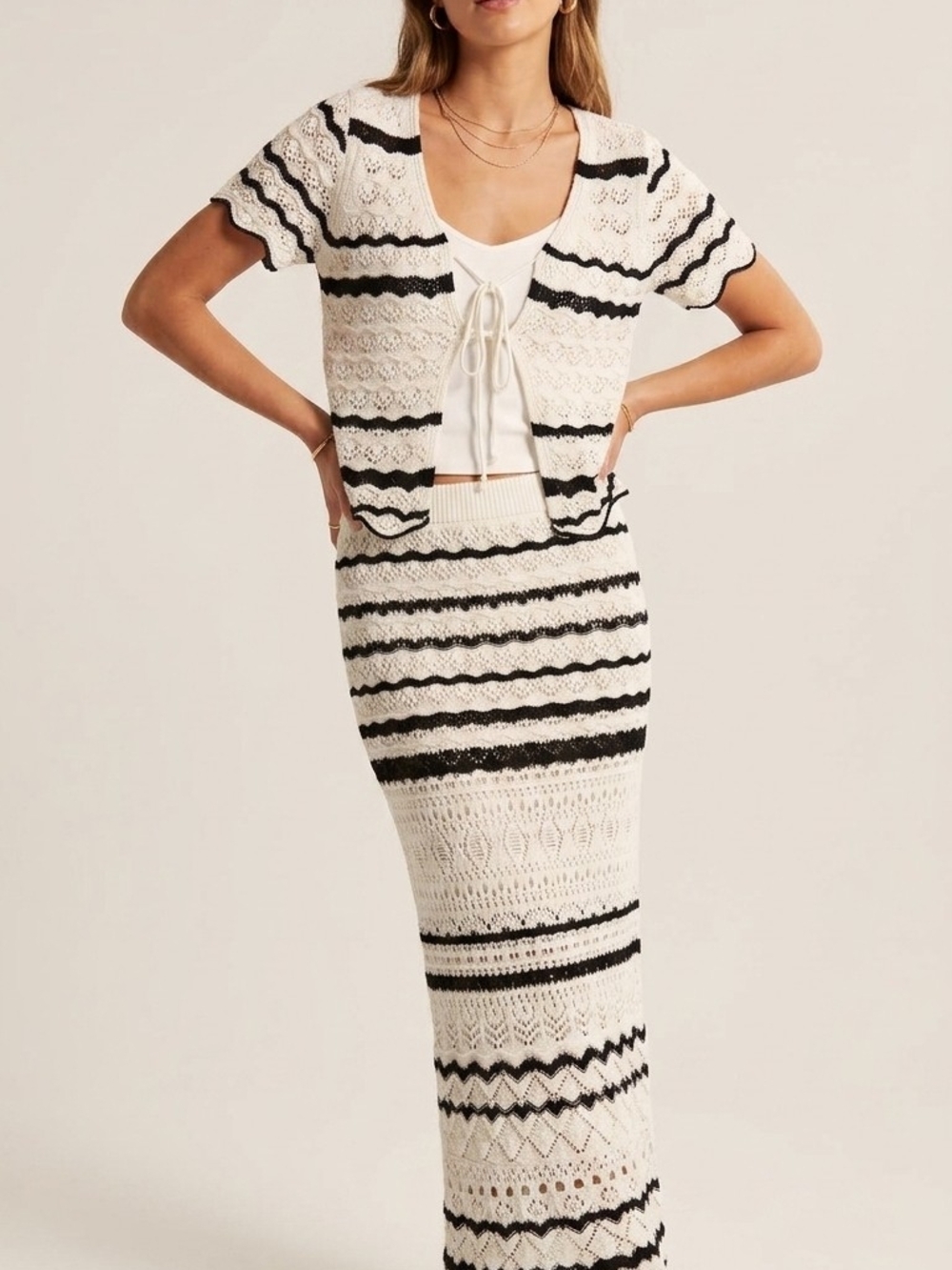 Buckle Black and White Striped Crochet Maxi Skirt Set